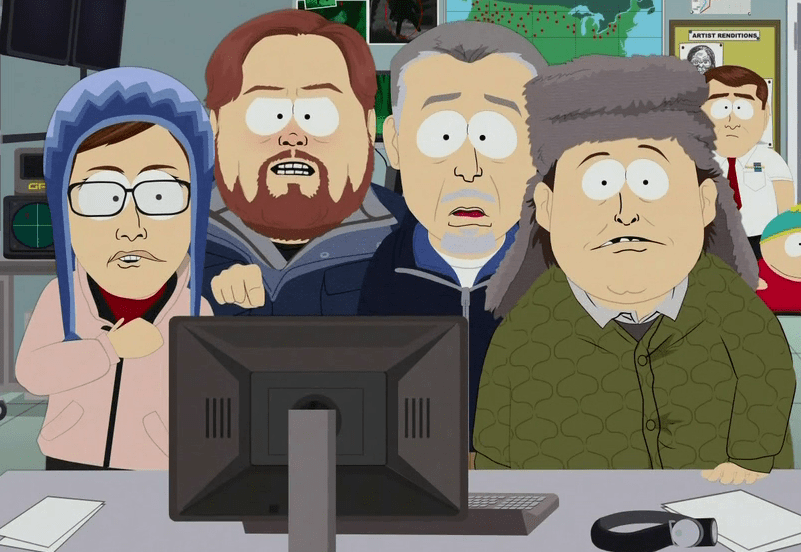 Finding Bigfoot team on South Park, Matt Moneymaker, Ranae Holland, Cliff Barackman and James Bobo Fay